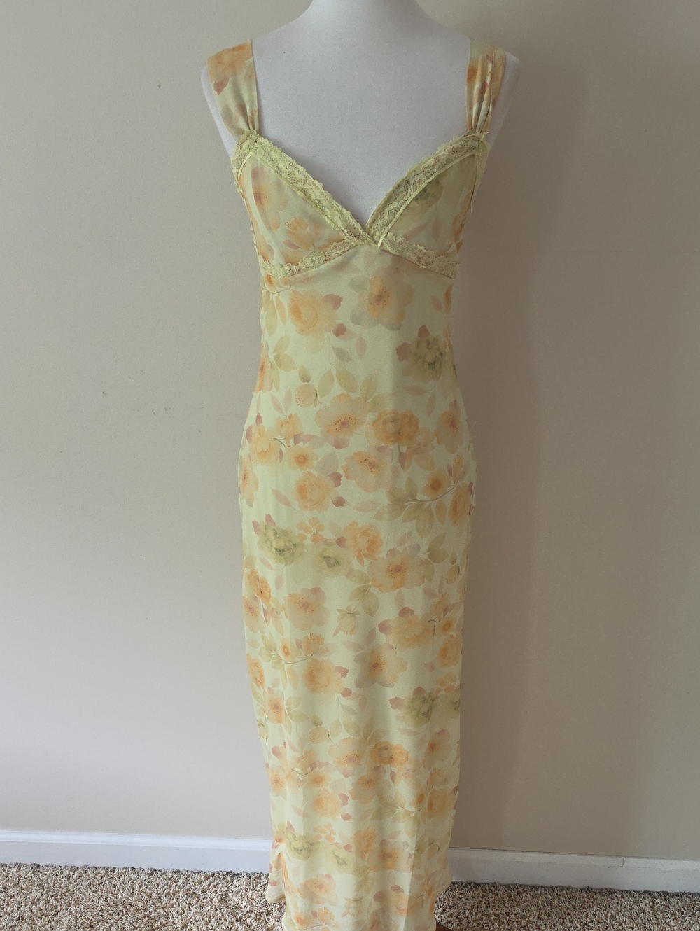 Hesperus Floral Lace-Trim Slip Dress in Pastel Yellow